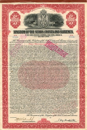 Kingdom of the Serbs, Croats and Slovenes  - $1,000 Bond (Uncanceled)